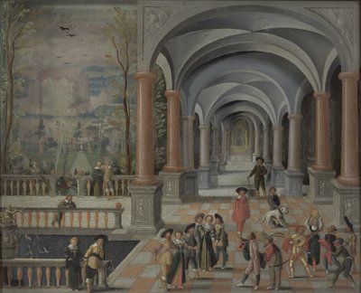Festlig sammankomst och figurer från en Commedia dell