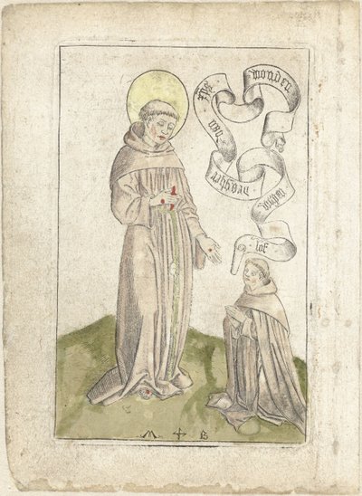 Saint Francis med knästående Franciscan av Monogrammist MB (Nederlanden)