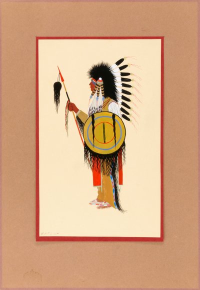 Cheyenne-krigare i fjäderhuvudbonad med sköld av Monroe Tsatoke