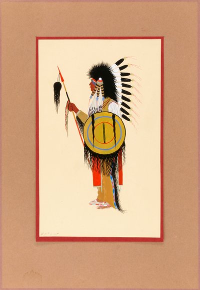 Cheyenne Warrior i fjäderhuvudbonad med sköld, ca. 1915-1937. av Monroe Tsatoke