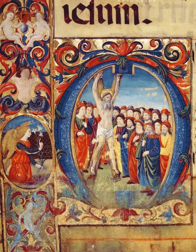 Ms 543 f.5v Historikerad initial O med korsfästelsen av St. Andrew, från en psalter, ca 1515 av Monte di Giovanni del Fora
