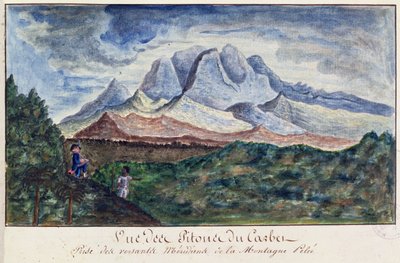 Utsikt över Pitons du Carbet från Mount Pelee, Martinique, ca 1815 (akvarell på papper) av Moreau de Jones