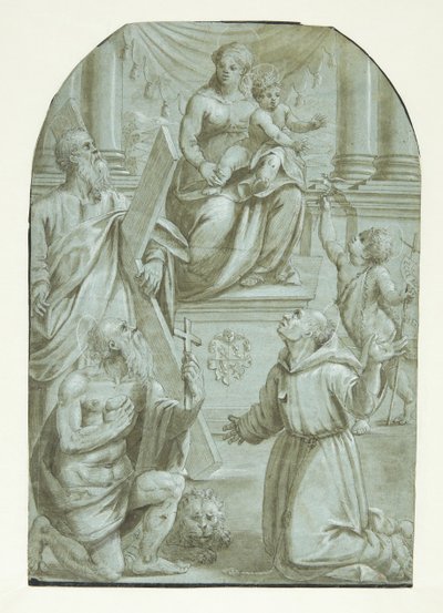 Maria med Jesusbarnet på tronen, omgiven av aposteln Andreas, Johannes döparen som barn, den helige Hieronymus och den helige Franciskus av Assisi av Moretto da Brescia
