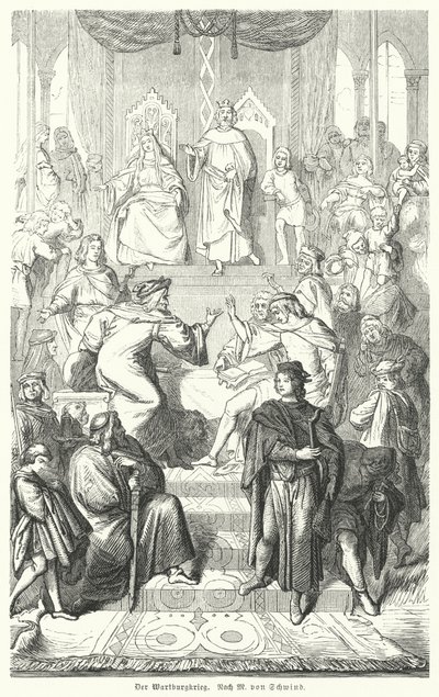 Sangerkrieg, en tävling mellan minstreler på slottet Wartburg i Thüringen 1207 (gravyr) av Moritz Ludwig von (after) Schwind
