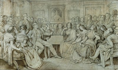 En kväll hos Baron Spaun, Schubert vid pianot, tenoren Johann Michael Vogl sjunger ... (bläck, sepia) av Moritz Ludwig von Schwind
