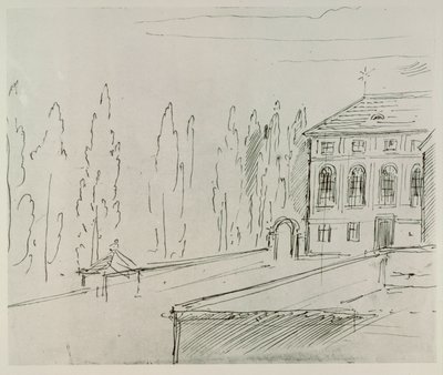 Fasad på Haus zum goldenen Mondschein nära Karlskirche, Wien, där Schwind bodde... av Moritz Ludwig von Schwind