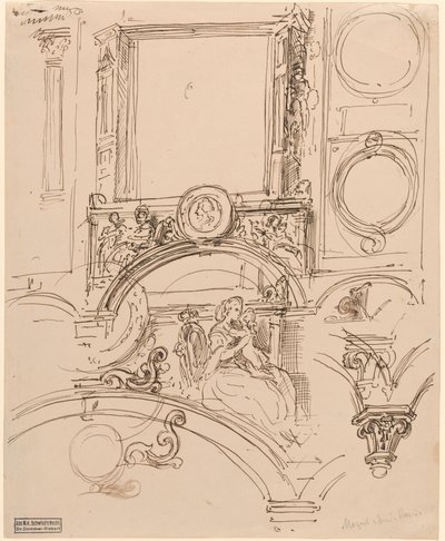Arkitektoniska detaljer för en väggdekoration med kejsarinnan Maria Theresia som omfamnar den unge Wolfgang Amadeus Mozart av Moritz Ludwig von Schwind