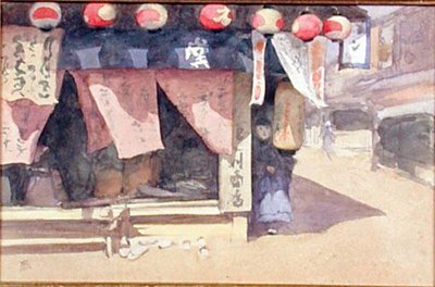 Utanför ett tehus, Japan, ca 1887-88 (akvarell på kort) av Mortimer Ludington Menpes