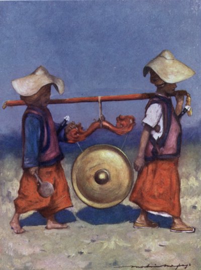 Shan-hållare som bär mässingsgong (lito i färg) av Mortimer Ludington Menpes