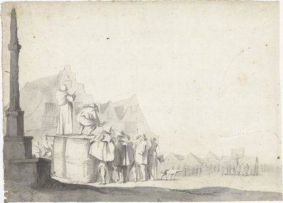 Marknadstorget med utropare på en tunna av Moses ter Borch (possibly)