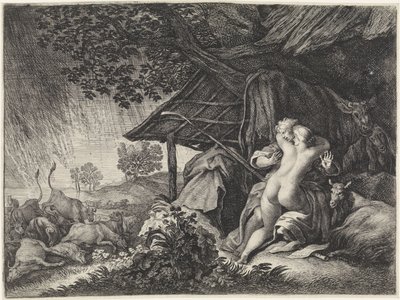 Herde och herdinna skyddar från en storm av Moyses van Wtenbrouck