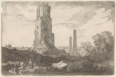 Landskap med två obelisker och "Torre delle Militia" Arkadiska landskap (serietitel) av Moyses van Wtenbrouck