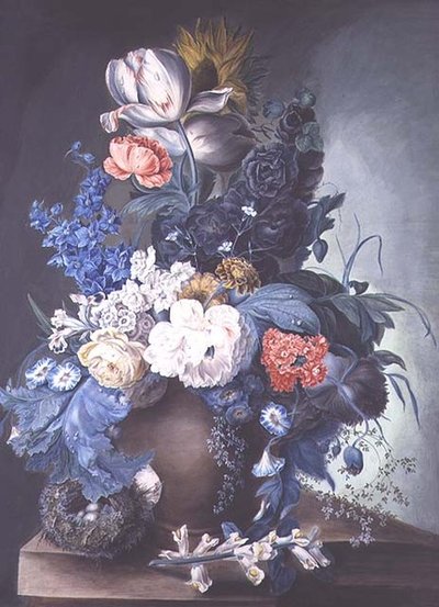 Grupp av blommor i en burk och fågelbo av Mrs.Margaret Meen