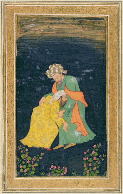 En Mullah som bugar sig för en man i iransk klänning som lyfter upp honom från sin bön, från Small Clive Album (wc på papper) av Mughal School
