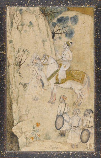 En prins till häst, med fem skötare, angående ett vattenfall (wc med penna och bläck, grafit och guld på papper) av Mughal School