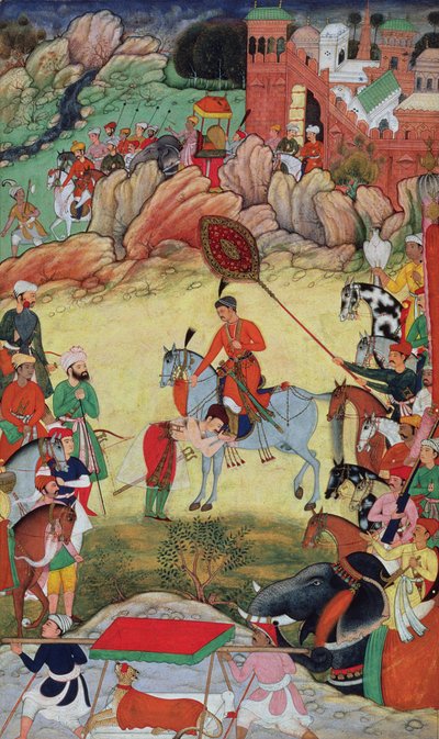 Adham Khan hyllar Akbar i Sarangpur, Centrala Indien, 1560 eller 1561, från Akbarnama, 1590-98 av Mughal School
