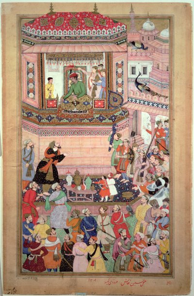 Akbar ger en publik, av Husays Naggash och Kesu, från "Akbarnama", mogul, ca 1590 av Mughal School