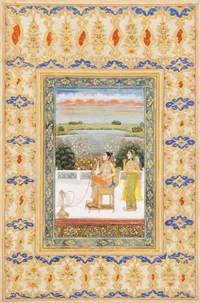 Albumsida: Gulbadan Begum röker på en terrass, Delhi, ca 1800 av Mughal School