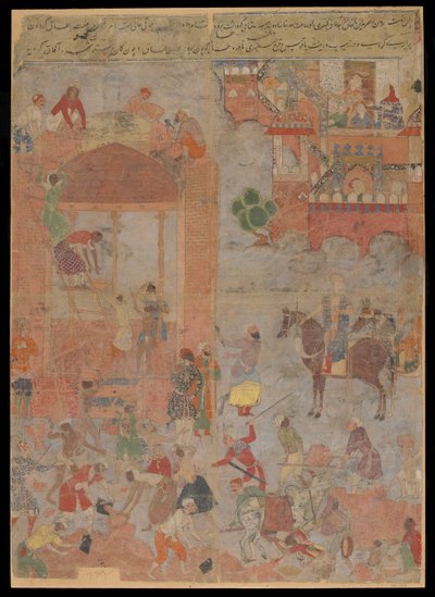 Anushirvan lägger grunden för Ctesiphon vid en gynnsam timme, Manuskriptfolio, ca 1560-1565 (ogenomskinlig akvarell, bläck och guld på tyg, monterad på kartong) av Mughal School