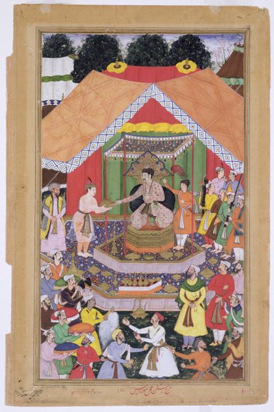 Kejsar Akbar (r.1556-1605) underhölls av sin fosterbror Azim Khan i Dipalpur, Punjab, 1571, från Akbarnama tillverkad av Abul Fazi, 1590-98 (ogenomskinlig wc & guld på papper) av Mughal School