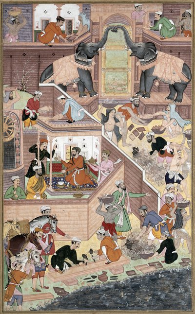Kejsar Akbar (r.1556-1605) inspekterar byggnadsarbetet vid Fatepur Sikri, från Akbarnama tillverkad av Abul Fazi, 1590-98 (ogenomskinlig wc & guld på papper) av Mughal School