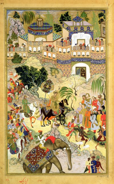 Kejsar Akbars triumferande intåg i Surat, från Akbarnama tillverkad av Abul Fazl (1515-1602) 1590-98 (ogenomskinlig wc & guld på papper) av Mughal School