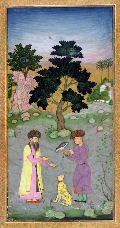 Falkonerare med följeslagare och husdjursgepard, från Small Clive Album, c.1610-15 (ogenomskinlig wc på papper) av Mughal School