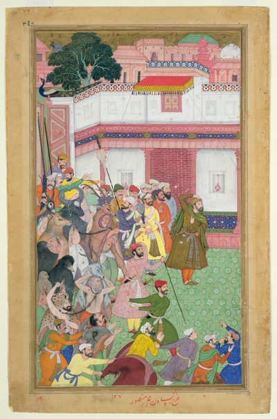 Fatepur Sikiri, 1573: Hasain Quli Khan-l Jahan presenterar sina fångar för kejsar Akbar (r.1556-1605), från Akbarnama tillverkad av Abul Fazi, 1590-98 (ogenomskinlig wc & guld på papper) av Mughal School
