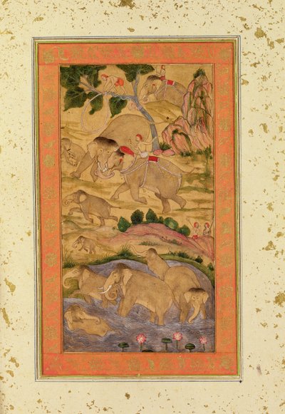 Hunters Capturing Elephants, från Large Clive Album, c.1760-65 (tonad teckning på papper) av Mughal School
