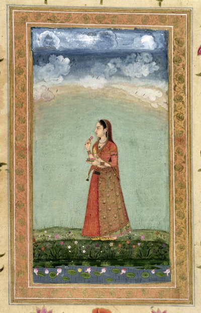 Dam som håller en skål med rosor, från Small Clive Album (ogenomskinlig wc på papper) av Mughal School