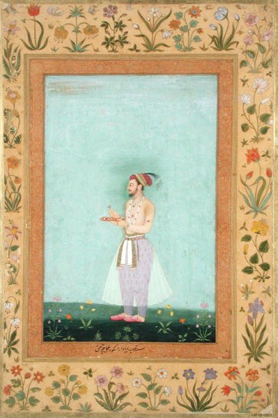 Prins Dara Shikuh med en bricka med juveler, från Mintoalbumet av Mughal School