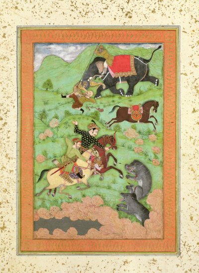 Rajput-prinsar som jagar björn; en mahout och hans elefant räddar en fallen ryttare från en tiger, från Large Clive Album av Mughal School