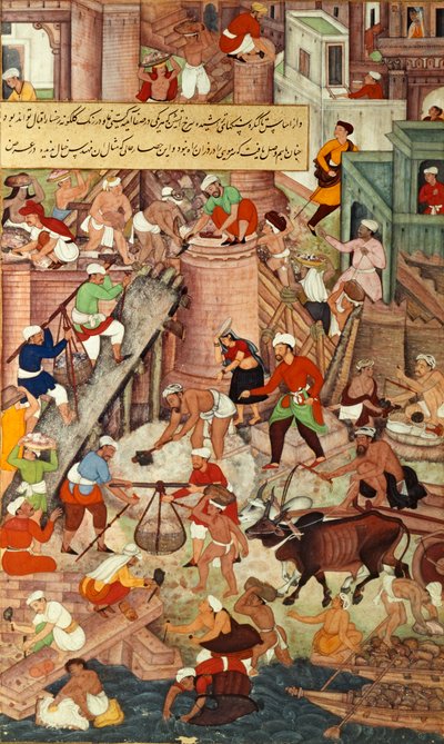 Röda fortet i Agra under uppbyggnad, från "Akbarnama", mogulernas av Mughal School
