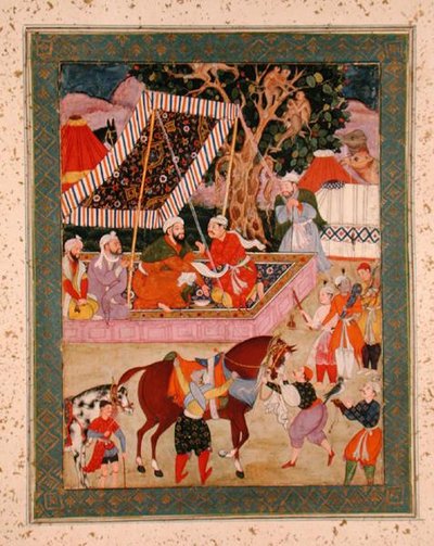 Scen under en Hawking Expedition, från Large Clive Album, c.1570 av Mughal School