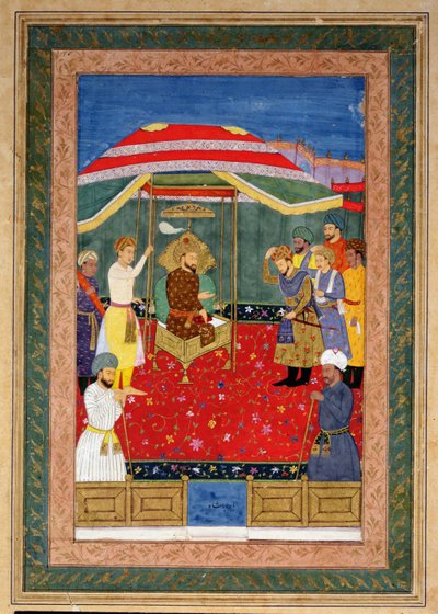 Mughal-kejsaren Babur (1526-30) sitter på en tron och tar emot en prins, Johnson Album I, nr 3 numrerad 65 av Mughal School