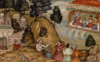 Bybor som hyllar en man och hans familj som sitter på en garlanderad veranda, ca 1585 av Mughal School