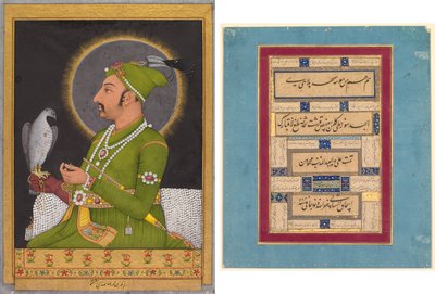 Postumt porträtt av Mughal-kejsaren Muhammad Shah (regerade 1719-1748) med en falk (recto); Kalligrafi (verso) av Muhammad Rizavi Hindi