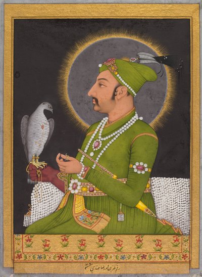 Postumt porträtt av Mughal-kejsaren Muhammad Shah regerade 1719-1748...recto, 1764. av Muhammad Rizavi Hindi