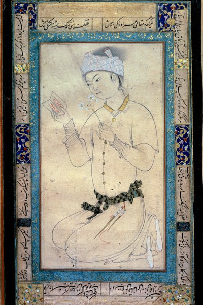 En ung man med böcker och narcissar persisk miniatyr vid Muhammad Shaykhs gouache av Muhammad Shaykh