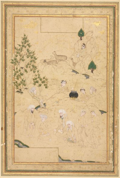Picknick i bergen, illustration på en sida, ca. 1550-1600. av Muhammadi