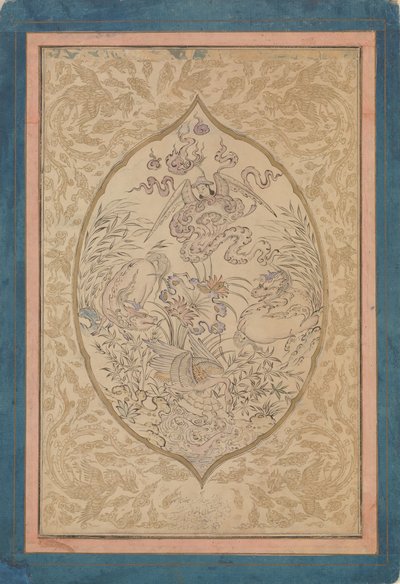 A Gathering of Mythical Creatures around a Lotus Leaf, daterad Shawwal A.H. 1088A.D. 1677. av Mu