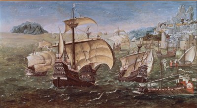 PORTUGISISKA BÅTAR PÅ EN KLANTKUST - XVI-TALET -O / L - 78 × 144 - KOPI AV ORIGINALET AV GREENWICH-MUSEET av Munday John