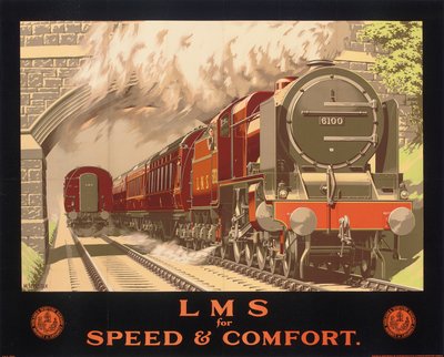 LMS for Speed and Comfort、ロンドン、ミッドランド、スコットランド鉄道を宣伝するポスター (カラー リソ) スウェーデン語 av Murray Secretan