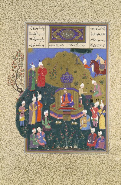 Buzurjmihr dyker upp vid Nushirvans femte församling, Folio 622r från Shahnama..., ca. 1530-3 av Muzaffar 