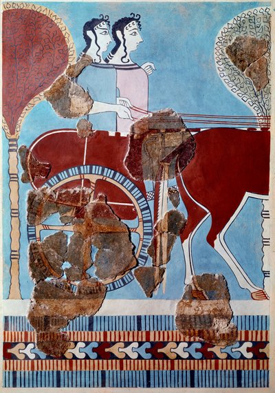 Mykensk konst: par på en tank. Fragment av fresk från Tiryns palats och rekonstitution av Mycenaean