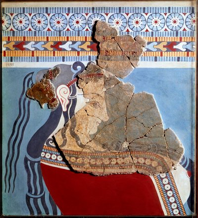 Mykensk konst: kvinnlig byst. Fragment av fresk från Tiryns palats och rekonstitution av Mycenaean