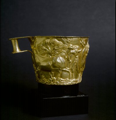 Mykensk konst: guldbägare dekorerar en scen för fångst av en tjur. 1500 f.Kr. Från Vapheio-platsen nära Sparta. Aten, Arkeologiska museet av Mycenaean