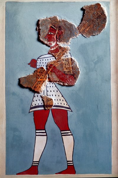 Mykensk konst: krigare. Fragment av fresk från Tiryns palats och rekonstitution av Mycenaean