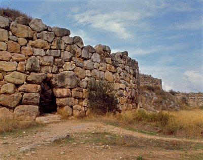Mykensk konst: västerländsk trappa som ger tillgång till det mykenska citadellet, staden Tiryns, omkring 1200 f.Kr. Grekland av Mycenaean