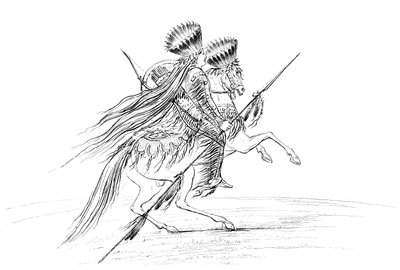Indianman med vapen och huvudbonad, ridande på häst, 1841. av Myers and Co